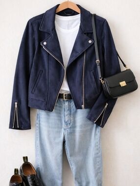 Old Navy Faux Suede Moto Jacket Navy Blue Zip Biker Style Size L